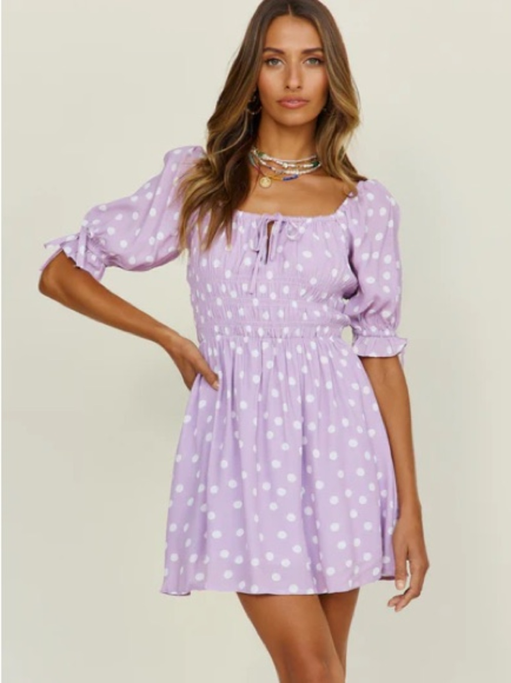 Charlie Holiday Lavender Polka Dot Tie-Front Mini Dress